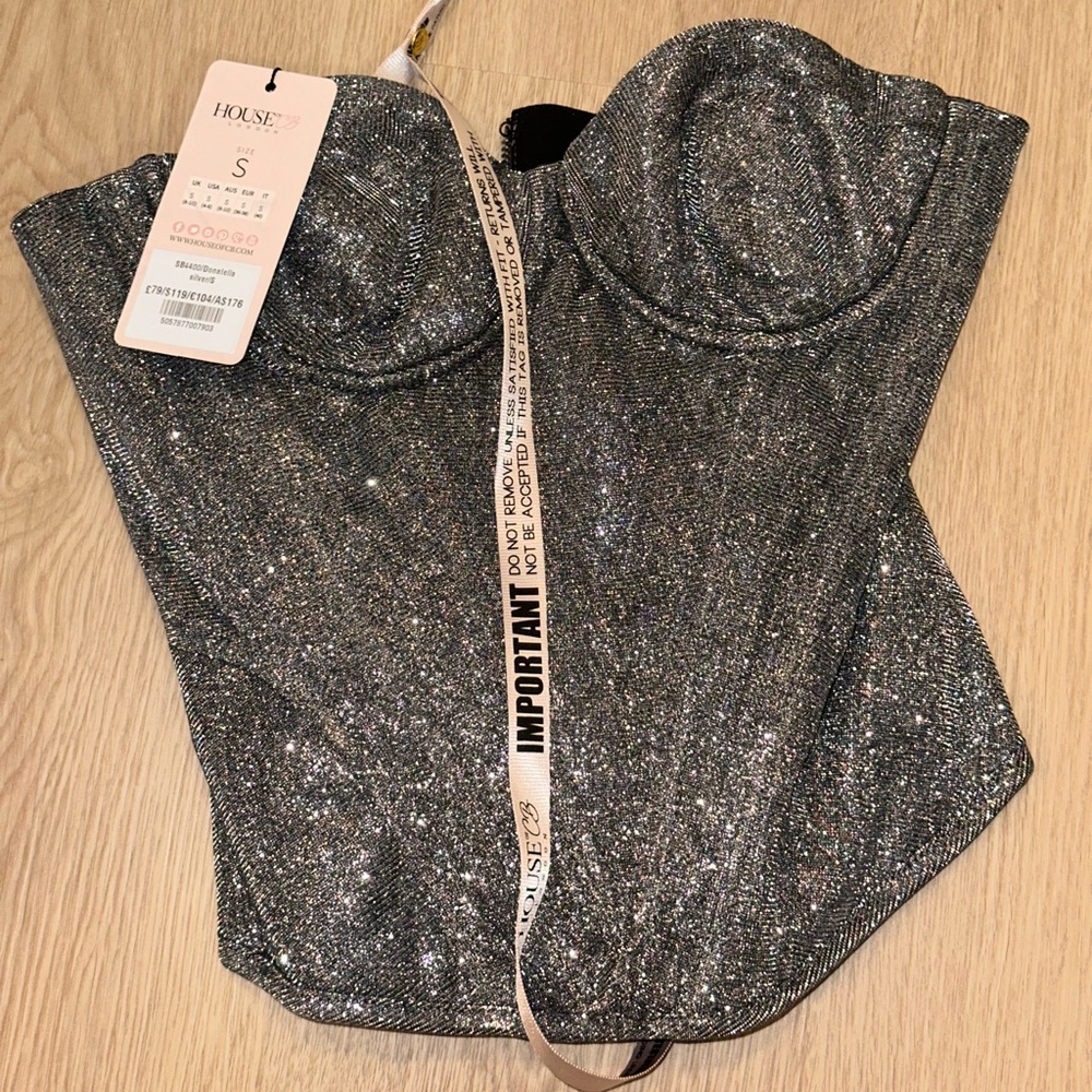 House of CB Silver Glitter Donatella Bustier Corset Top NWT